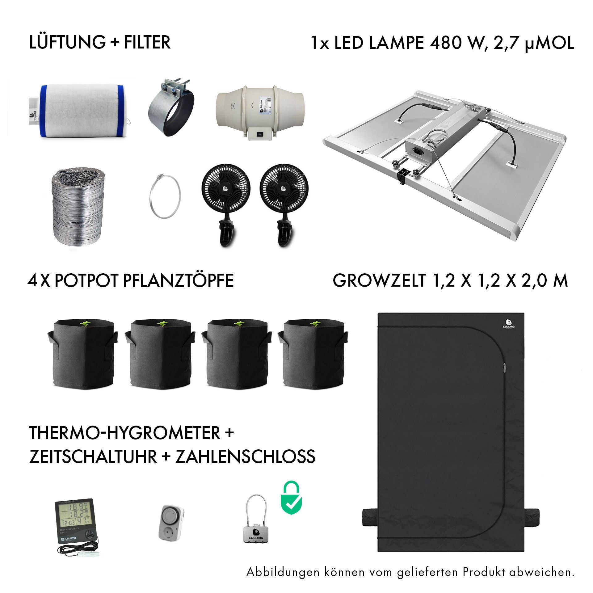 Growbox Komplettset 480W LED 120x120cm - Caluma Set - 4 Plants Plus